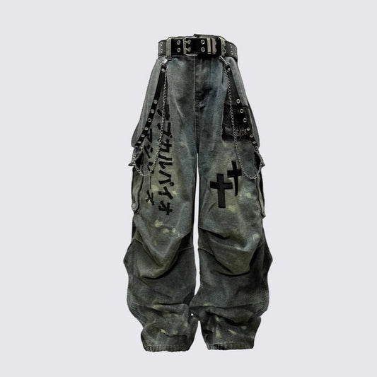 Cargo Pocket Letter Print Wide Leg Denim Jeans WN27787