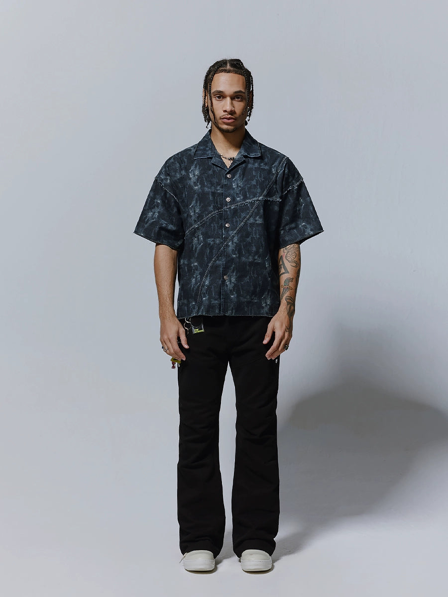 Ink Print Patchwork Spread-Collar Short Sleeve Shirt WN17520