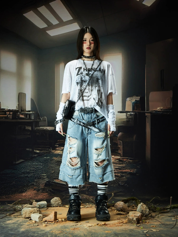 Double Waistband Ripped Washed Wide Leg Half Pants WN18472