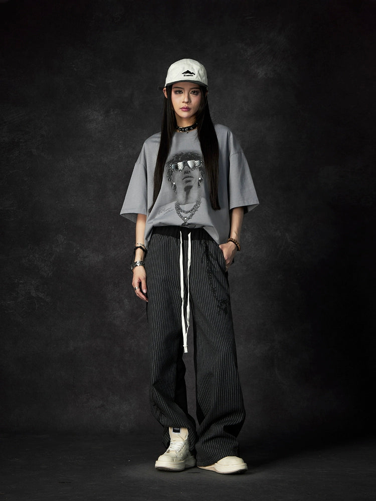 Stripe Patchwork Print Elastic Waist Wide Leg Pants WN18456