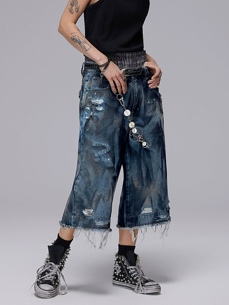 Heavyweight Dirty Wash Damage Hole Denim Half Pants WN18023