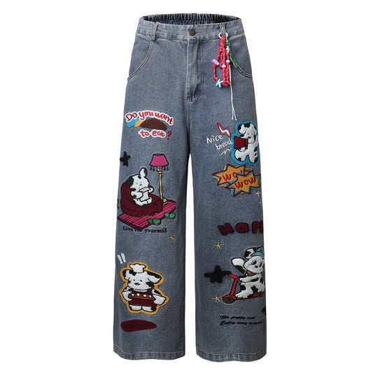 Cartoon Embroidery Wide Leg Denim Jeans WN26946