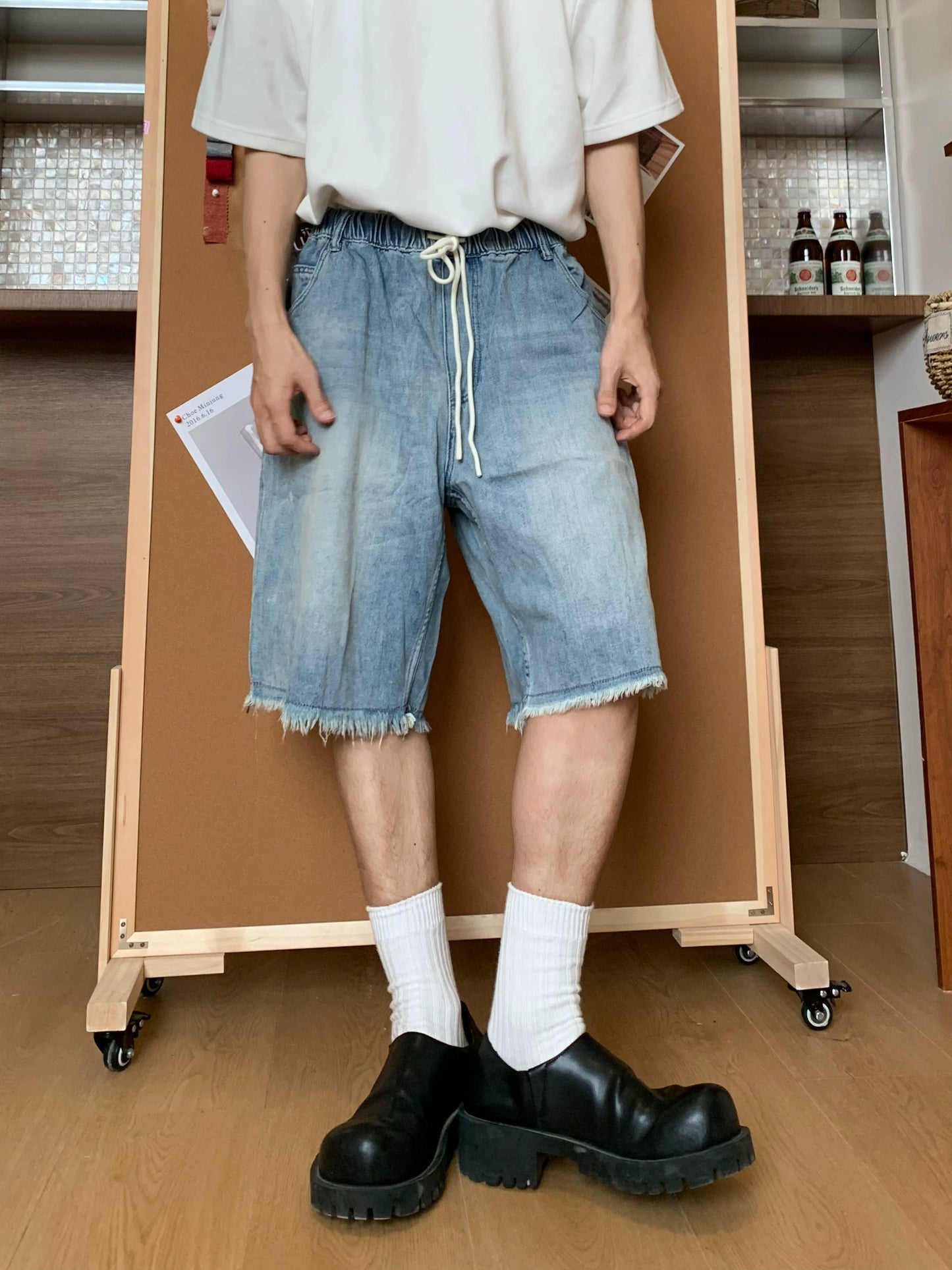 Washed Drawstring Denim Half Jeans WN19917