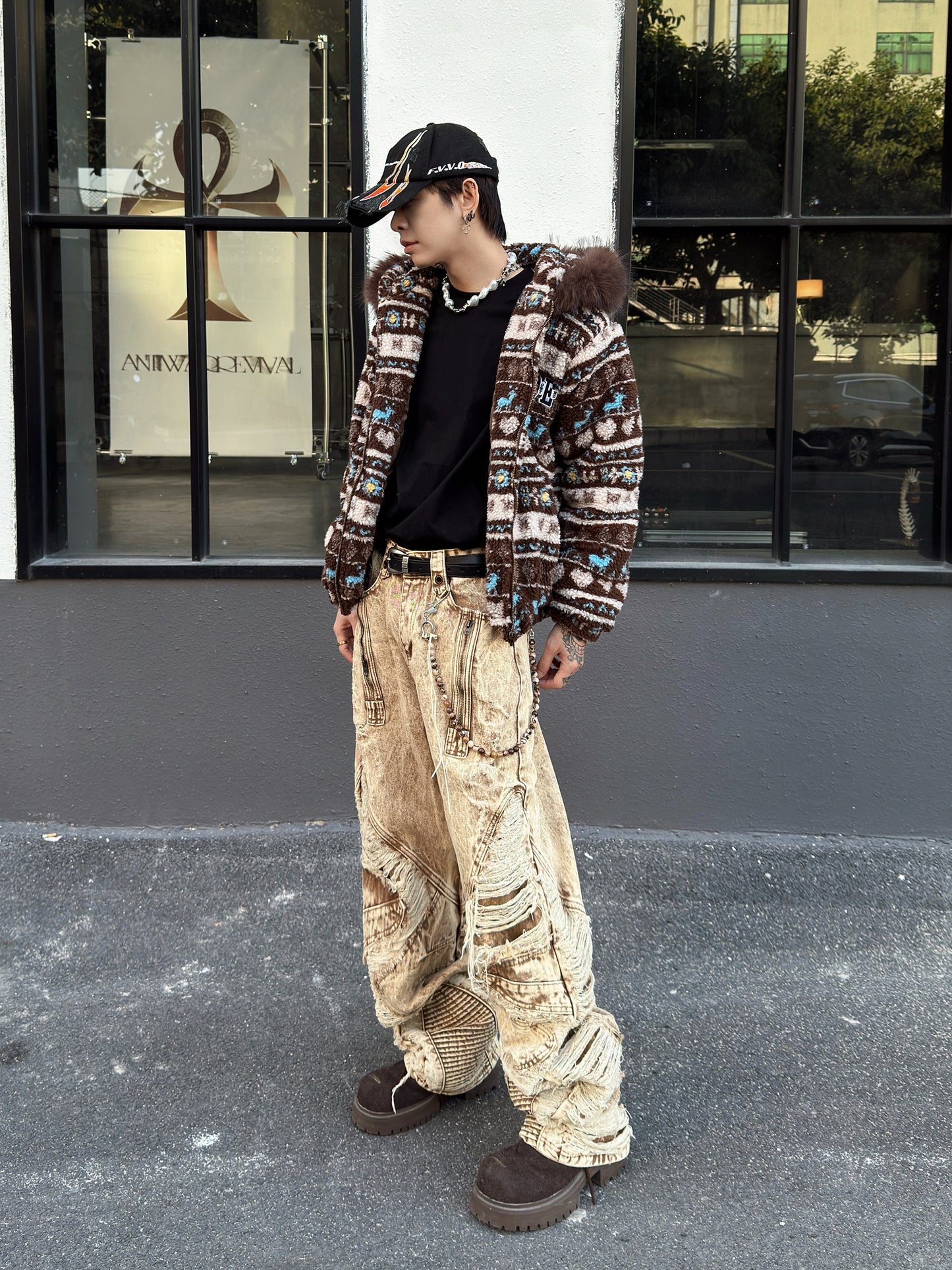 Fair Isle Fake Lamb Fleece Padded Jacket WN22999