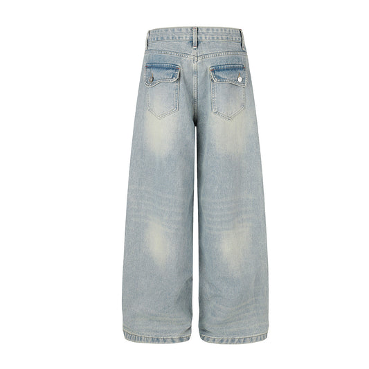 Washed Paint Studs Detail Wide Leg Denim Jeans WN25418