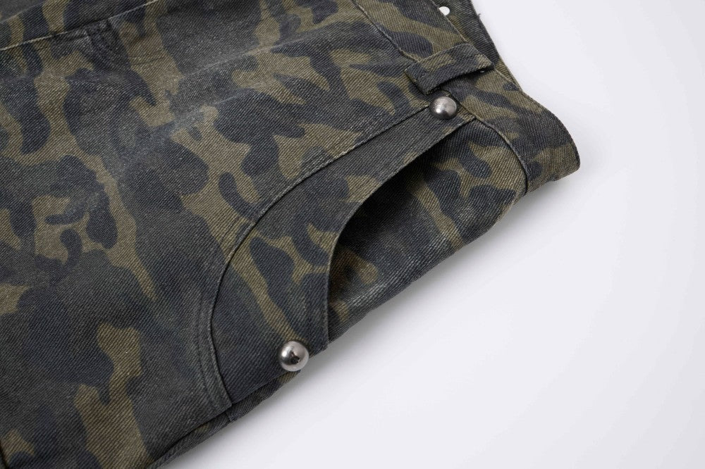 Camouflage Cargo Pocket Wide Leg Denim Jeans WN28009