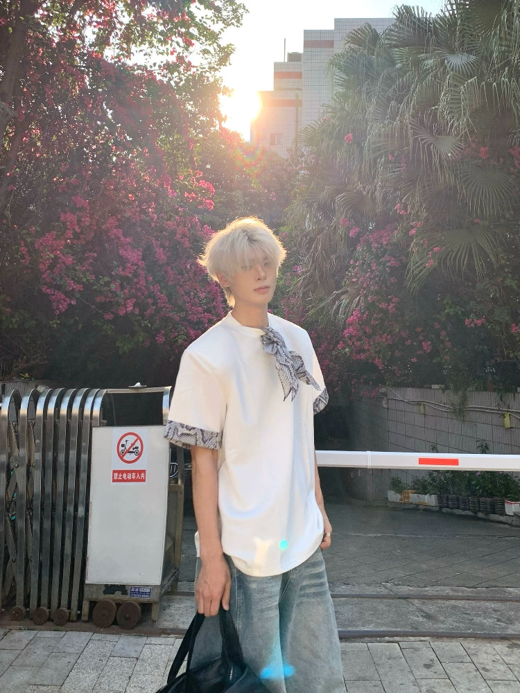 Snake Print Ribbon Contrast Short Sleeve T-Shirt WN19724