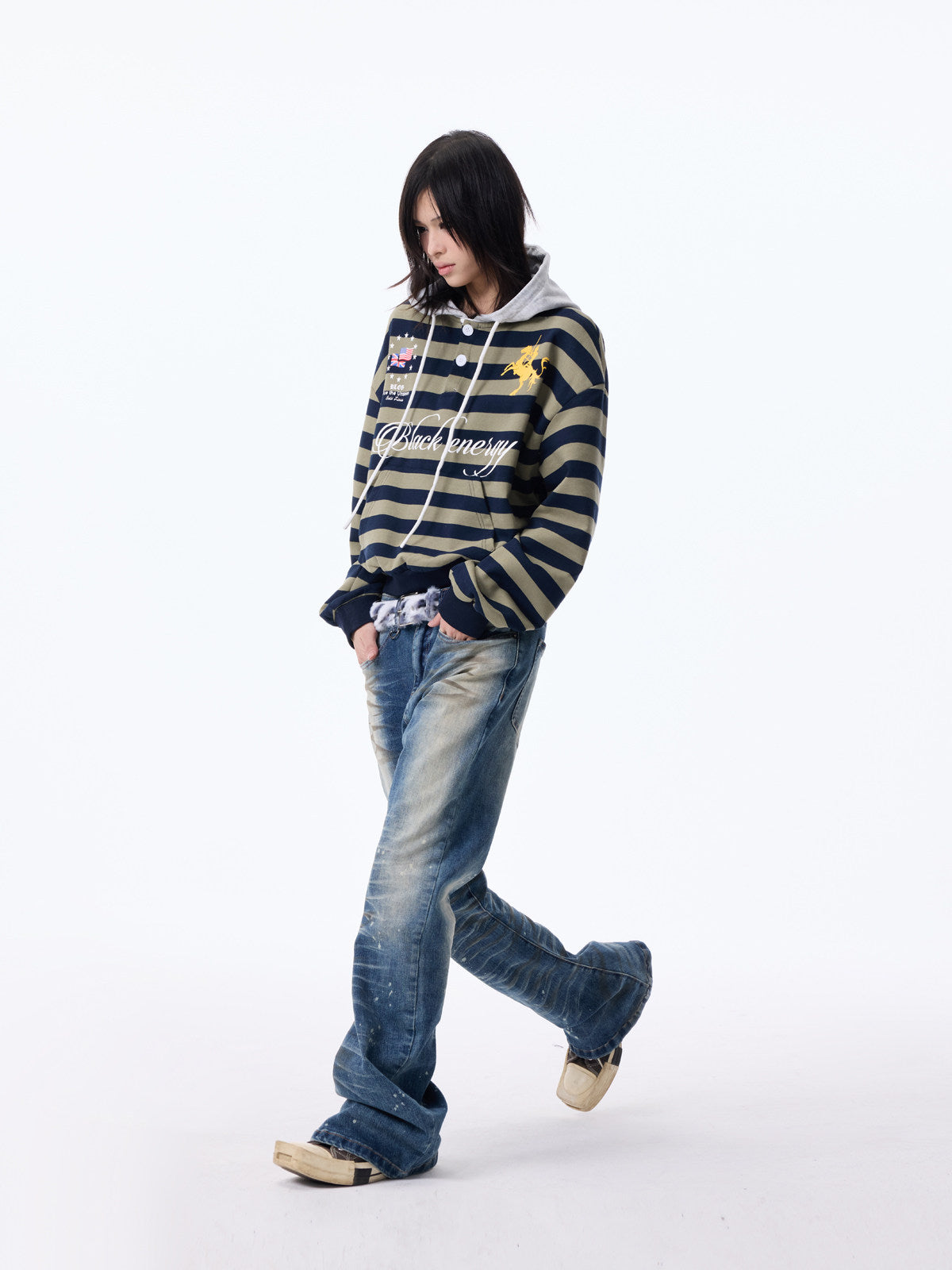 Stripe Print Drawstring Oversize Pullover Hoodie WN27361