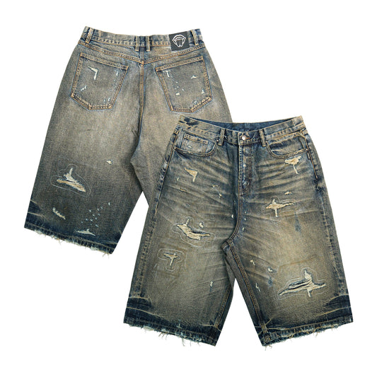 Washed Damage Raw Hem Denim Half Jeans WN26669