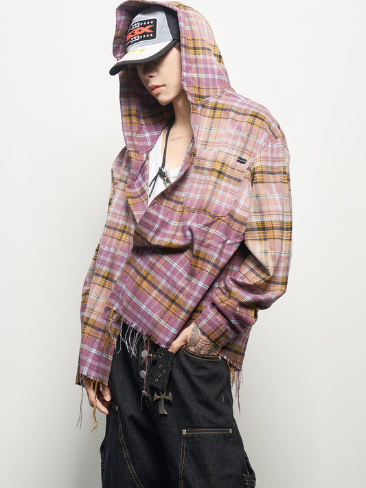 Gradient Plaid Hooded Long Sleeve Shirt WN22935