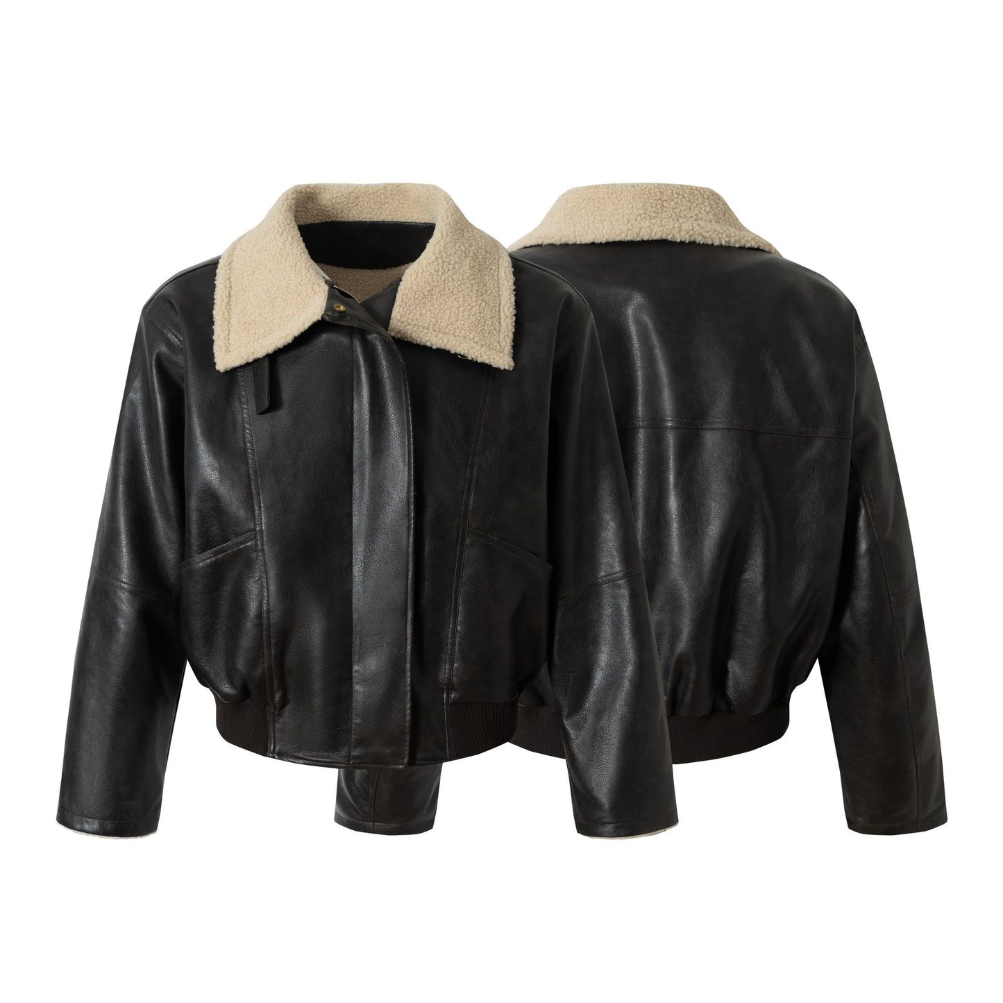 Fake Fur Collar PU Leather Zipper Jacket WN21899