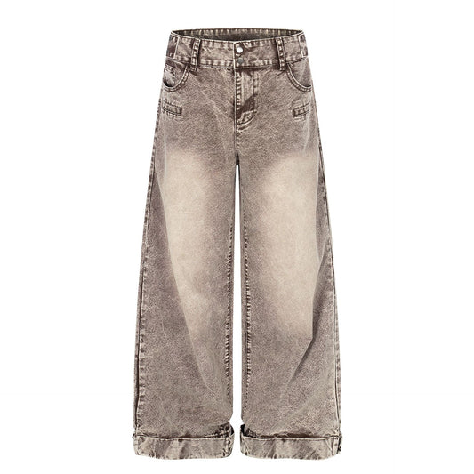 Washed Damage Wide Leg Curved Denim Jeans WN25860