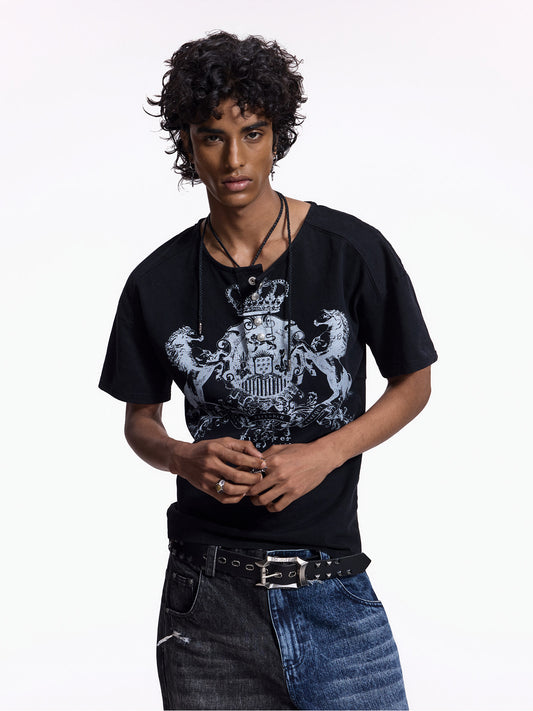 Crest Print Washed Cropped Short Sleeve T-Shirt WN27444