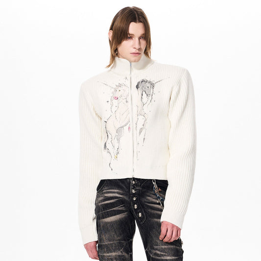 Yin-Yang Unicorn Print Rhinestone High-Neck Knit Cardigan WN23264