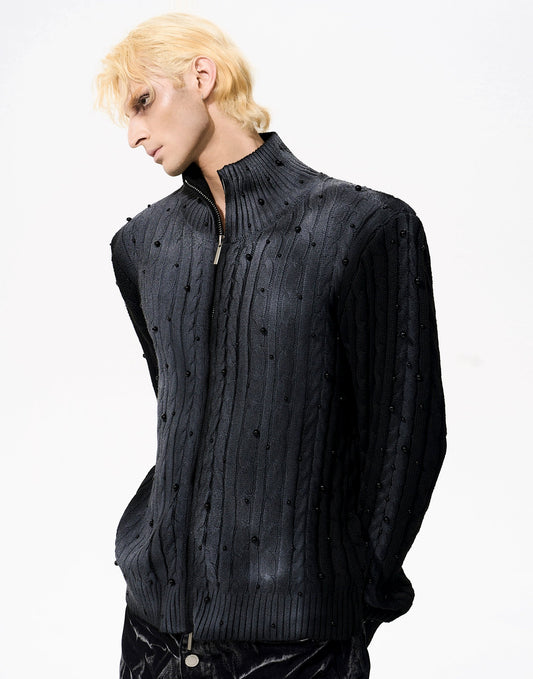 Gradient Cable Knit Zippr Hoodie & Stand Collar Knit Zipper Cardigan WN21769