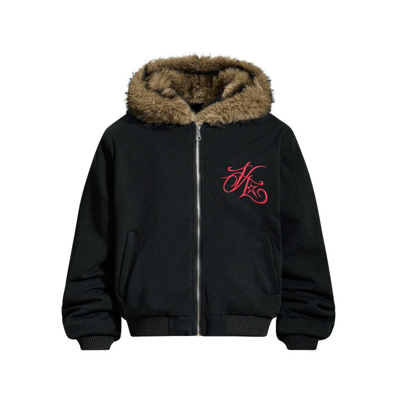 Embroidery Letter Fake Fur Hooded Jacket WN24262