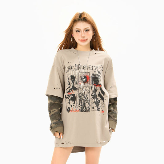 Fake Layered Camo Damage Print Long Sleeve T-Shirt WN25740
