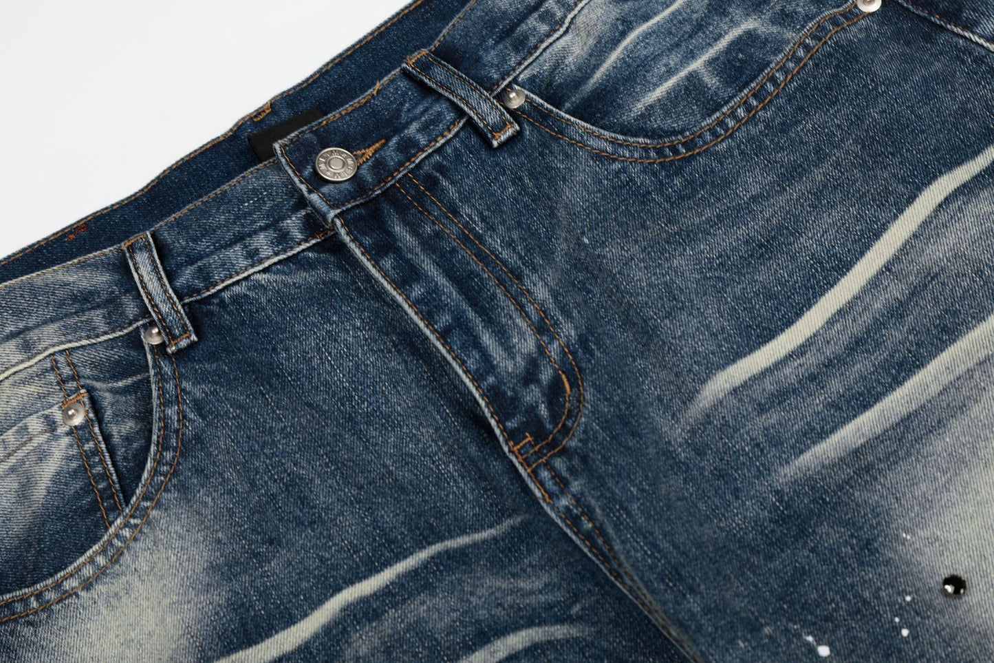 Washed Paint Rhinestone Wide Leg Curved Denim Jeans WN25876