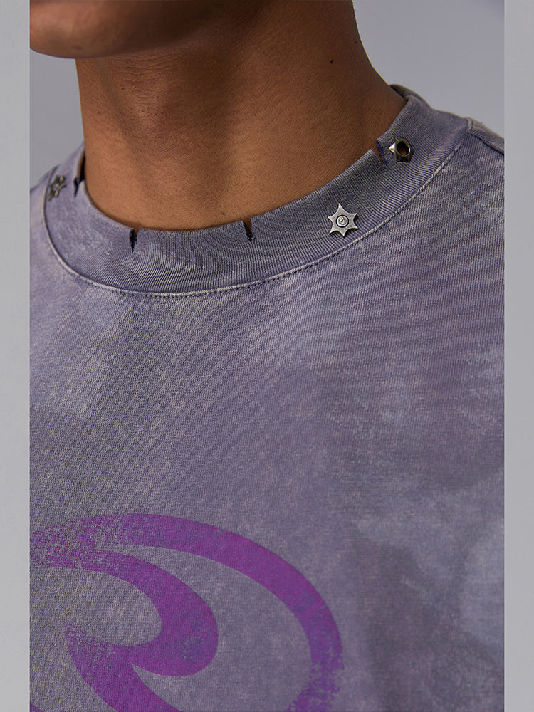 Metal Stud Design Paint Washed Damage Oversize Short Sleeve T-Shirt WN17845