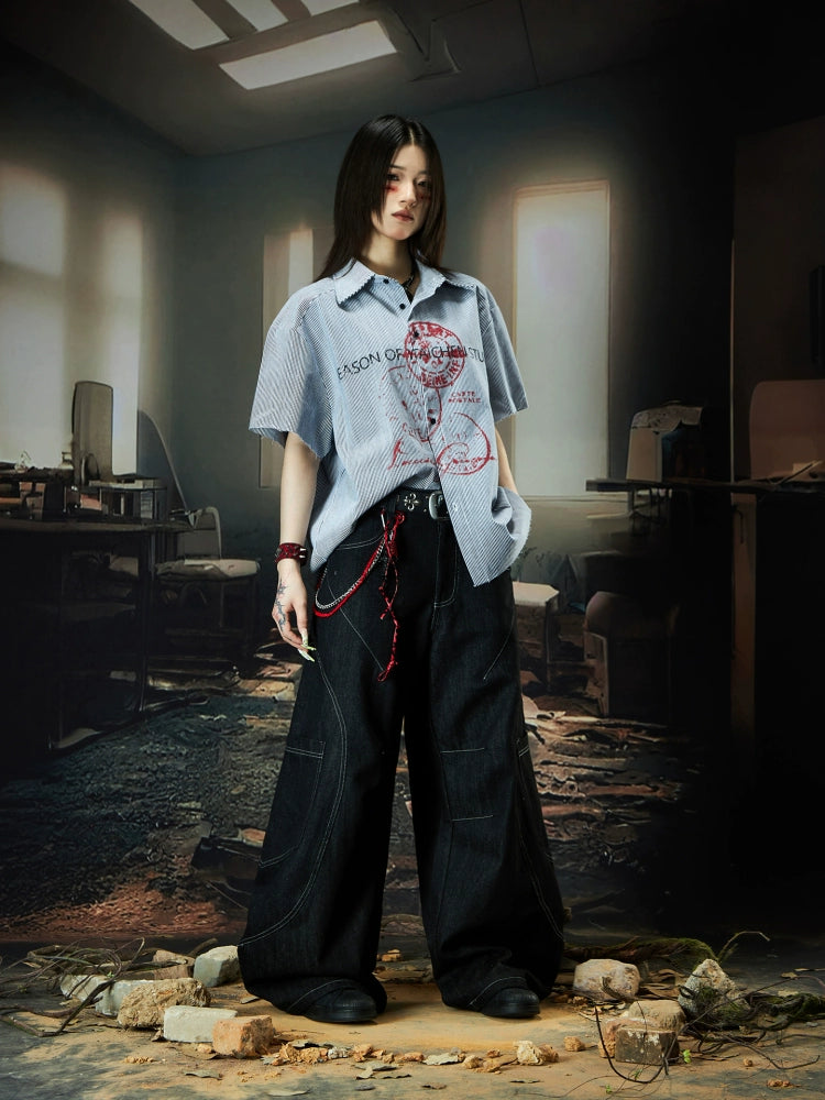 Graphic Letter Print Colorblock Stripe Oversize Short Sleeve Shirt WN18492