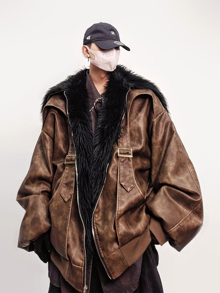 Fake Fur Lapel Oversize PU Leather Jacket WN24019