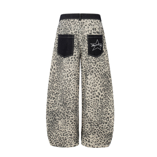 Leopard Print Curved Wide Leg Denim Jeans WN25679