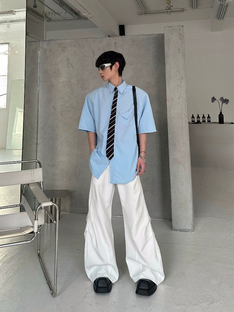 Shoulder-Pad Tie Patchwork Short Sleeve Shirt WN16779