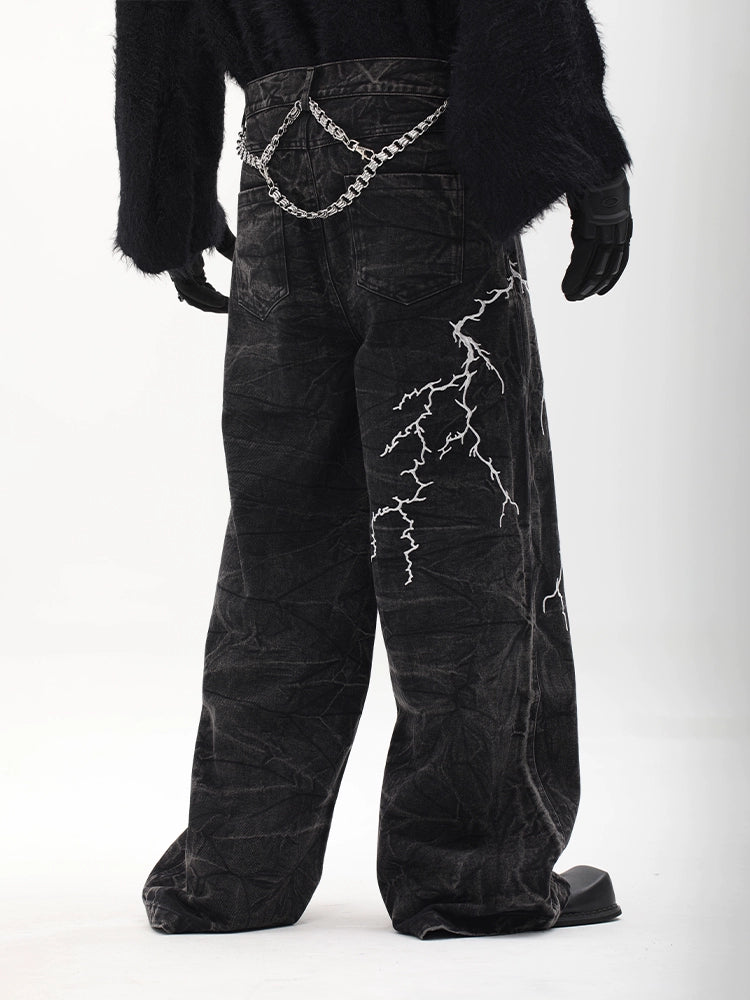 Lightning Embroidery Wide Leg Denim Jeans WN18727
