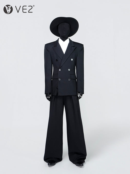 Double Breasted Tailored Jacket & Wide Leg Pleats Trousers Setup WN24307