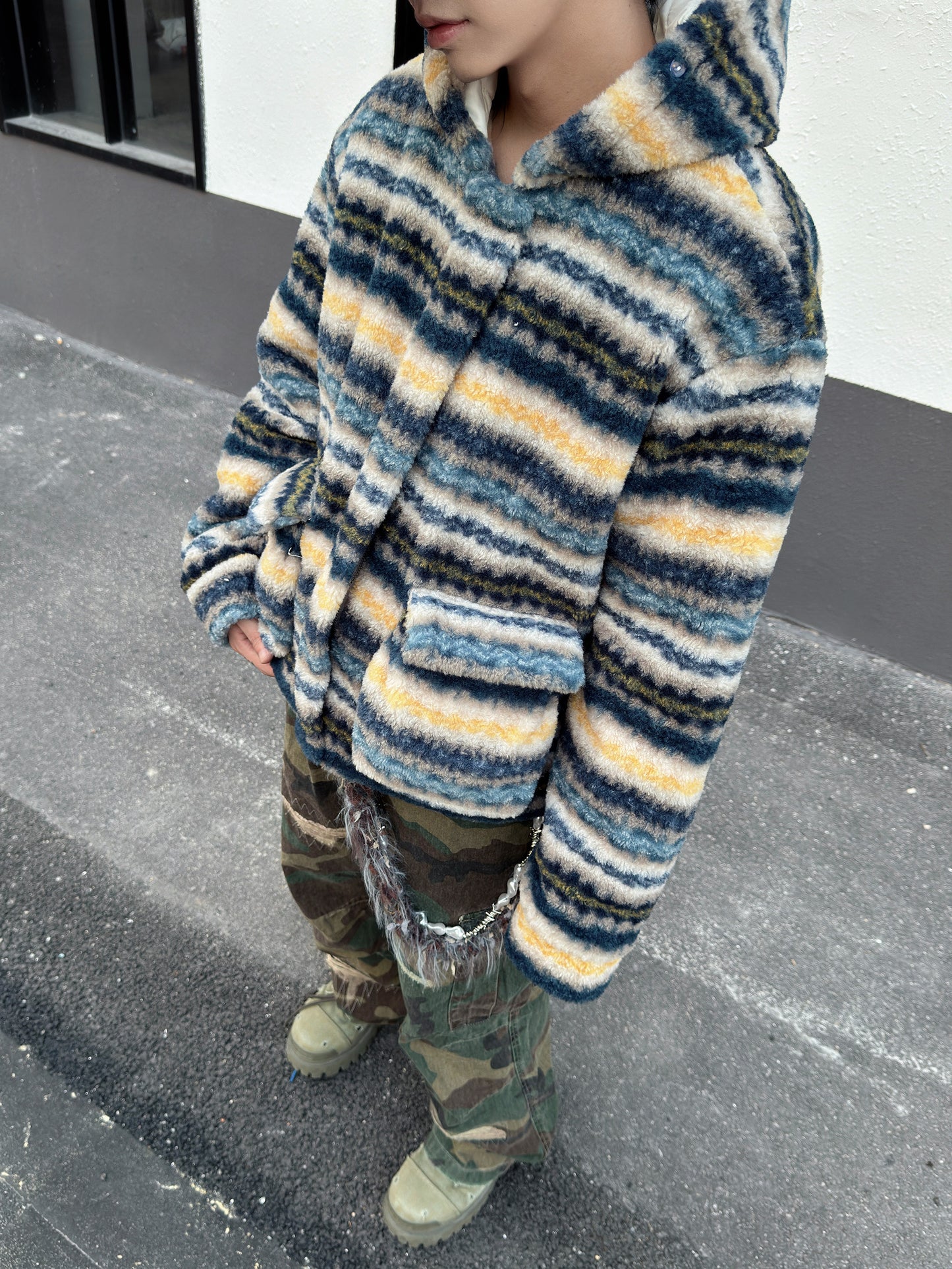 Fair Isle Fake Lamb Fleece Hooded Padded Jacket WN23006