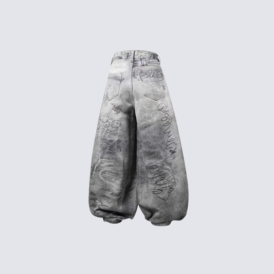 Print Graffiti Wide Leg Denim Jeans WN27844