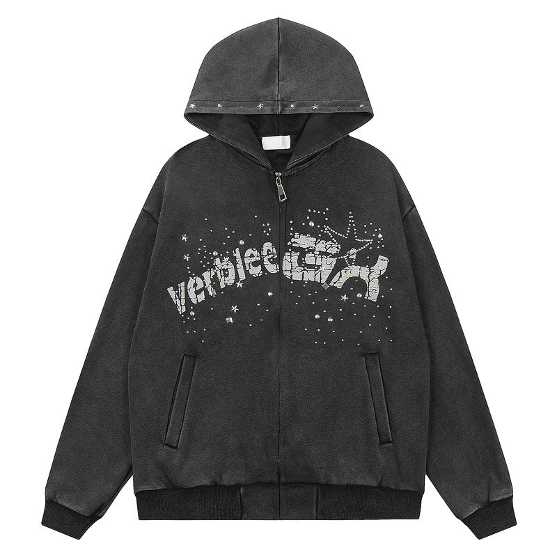 Star Graphic Print Zip-Up Zipper Hoodie WN23563