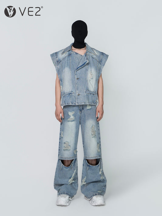 Damage Washed Sleeveless Denim Jacket & Cutout Wide Leg Denim Jeans Setup WN24303