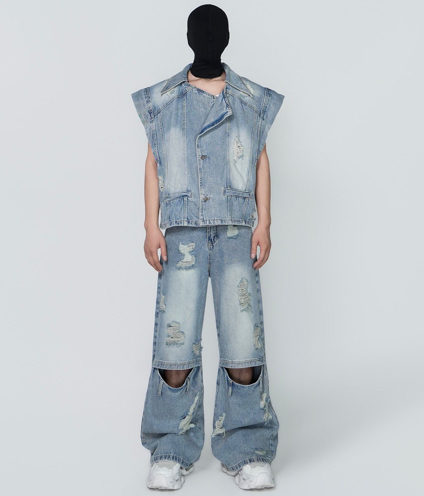 Damage Washed Sleeveless Denim Jacket & Cutout Wide Leg Denim 