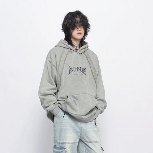 Graphic Print Patchwork Washed Oversize Pullover Hoodie WN24423