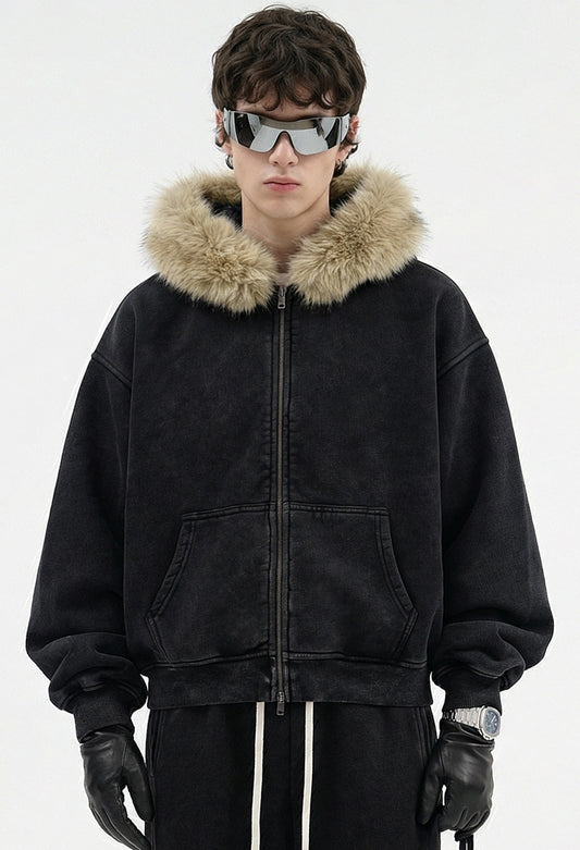 Fake Fur Collar Fleece Lining Zipper Hoodie WN23118
