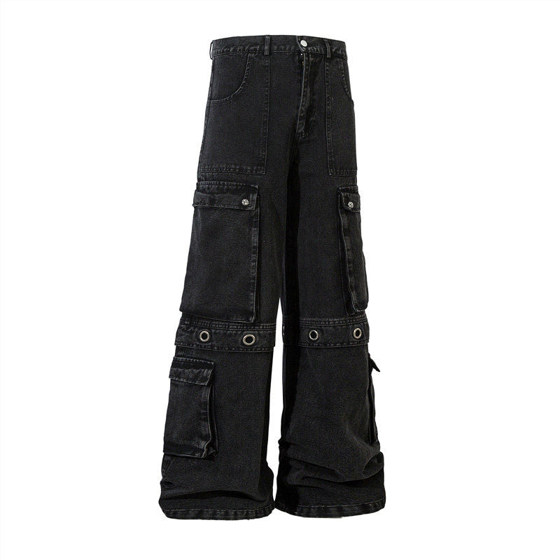 Multi Pocket Strap Detail Wide Leg Denim Jeans WN24289