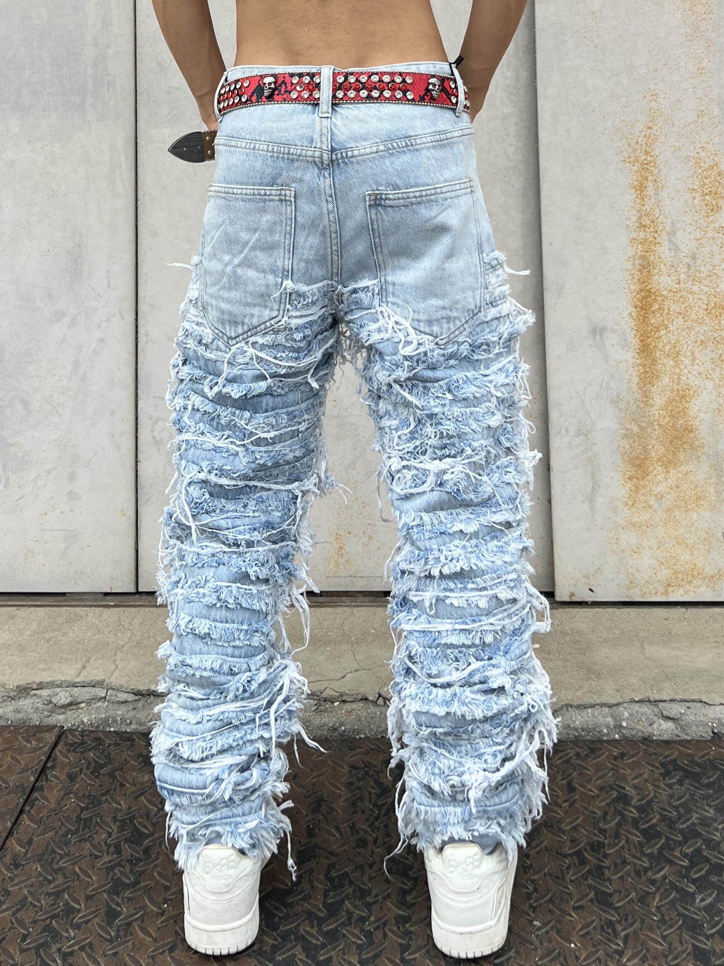 Washed Heavy Detail Fringe Straight Denim Jeans WN24094