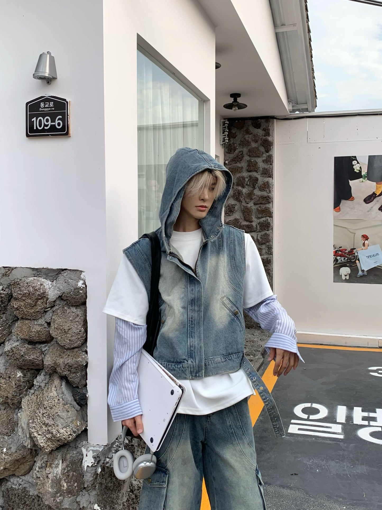 Washed Patchwork Hooded Denim Vest & Cargo Denim Jeans Setup WN19774