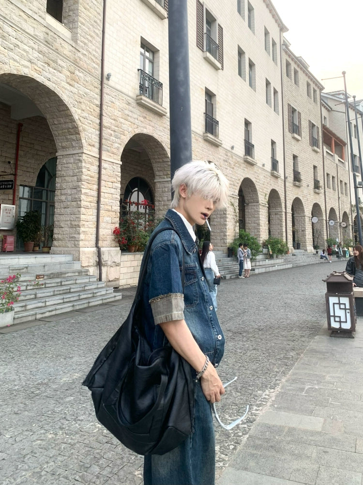 Patchwork Denim Short Sleeve Jacket & Wide Leg Denim Jeans Setup WN19803