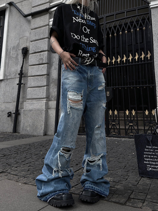 Cutout Damage Fringe Whisker Stacked Flare Denim Jeans WN24226