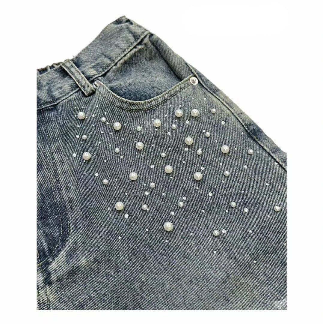 Wash Pearl Chain Short Denim Jeans WN20708
