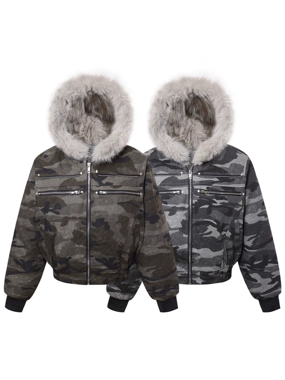 Camouflage Fake Fur Collar Multi-Zipper Short Puffer Jacket WN27891