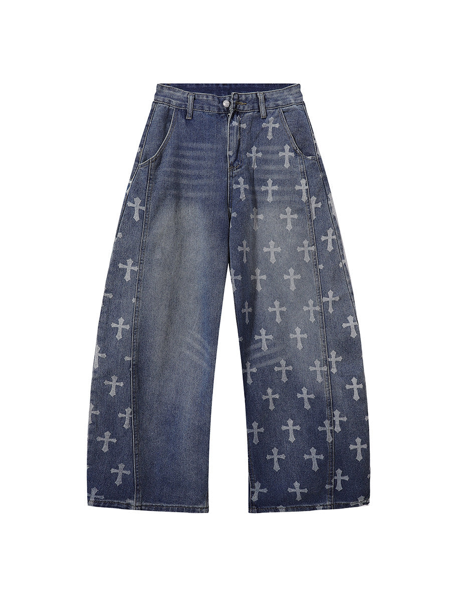 Cross Print Washed Curved Draped Wide Leg Denim Jeans WN24224