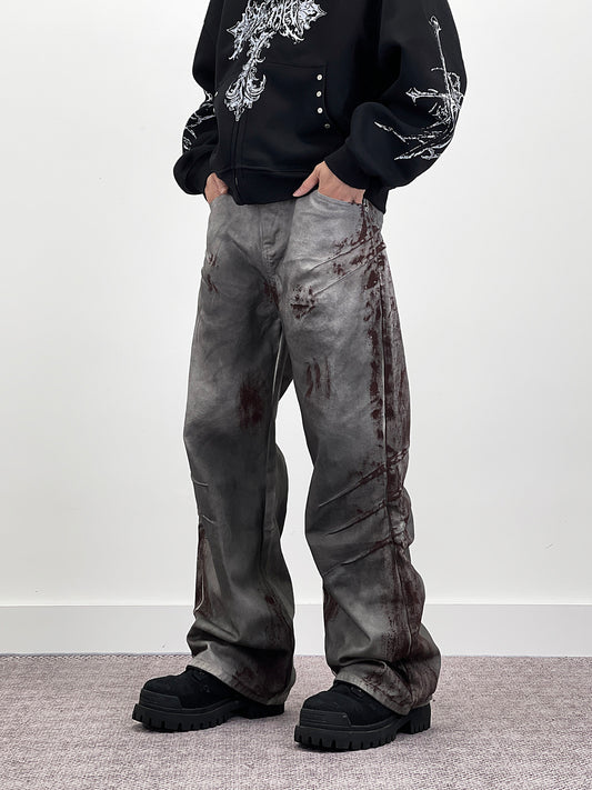 Blood Stain Scratch Damage Deconstructed Flare Denim Jeans WN24242