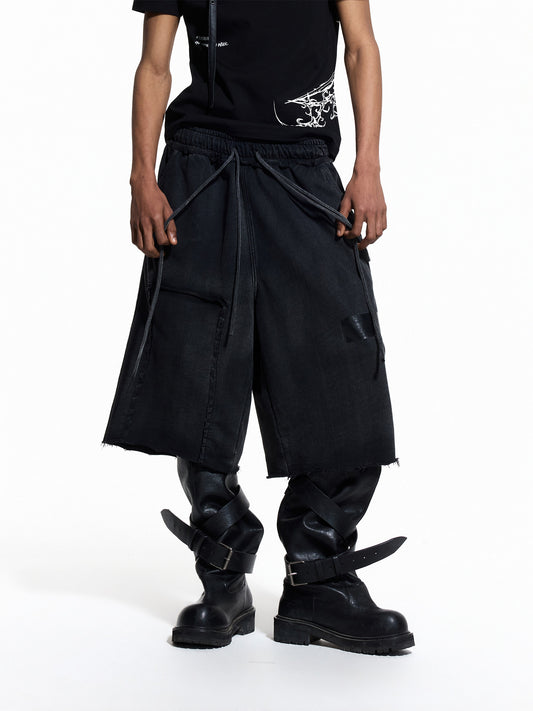 Cross Print Washed Raw-Edge Half Pants WN27433