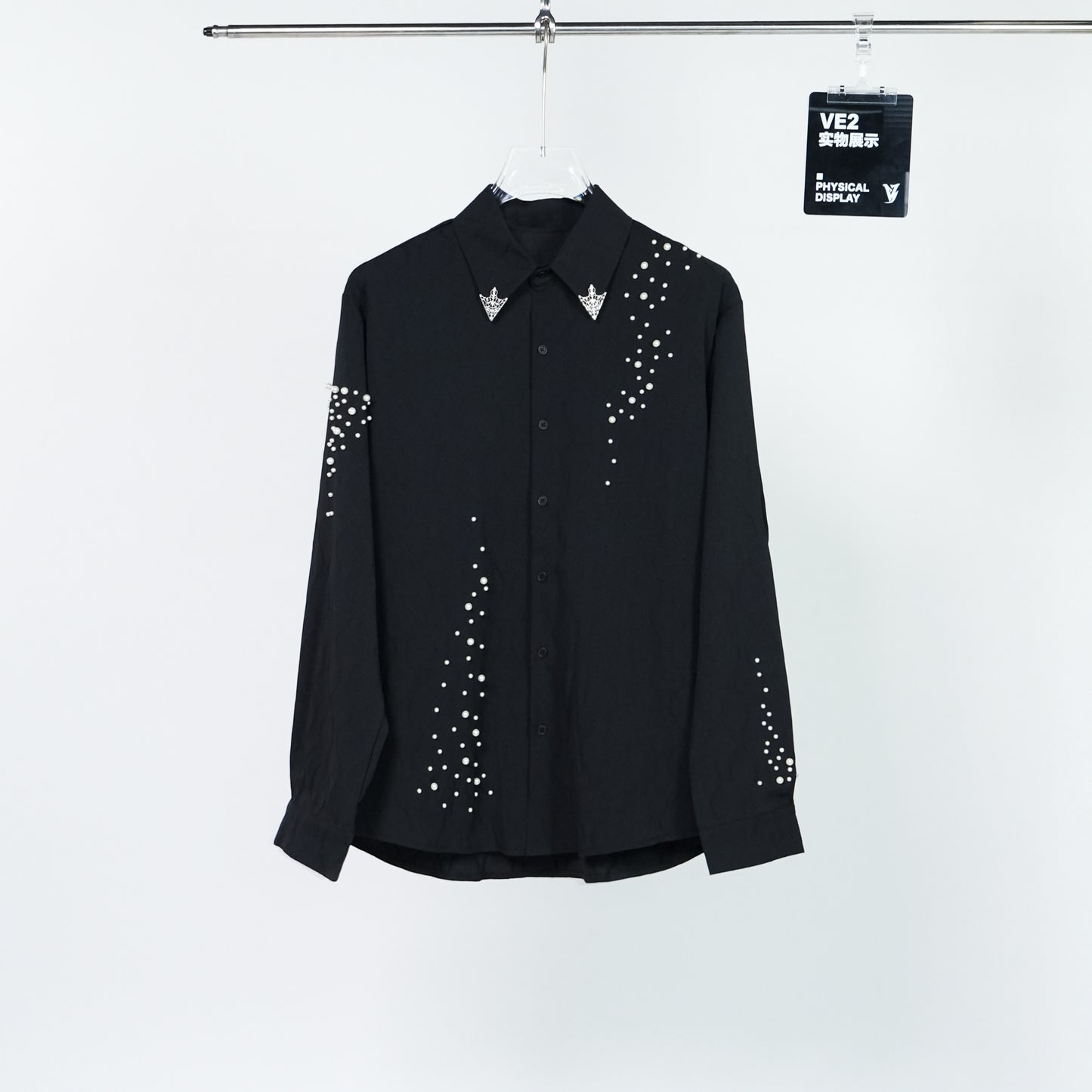 Rhinestone Metal Collar Detail Long Sleeve Shirt WN24311