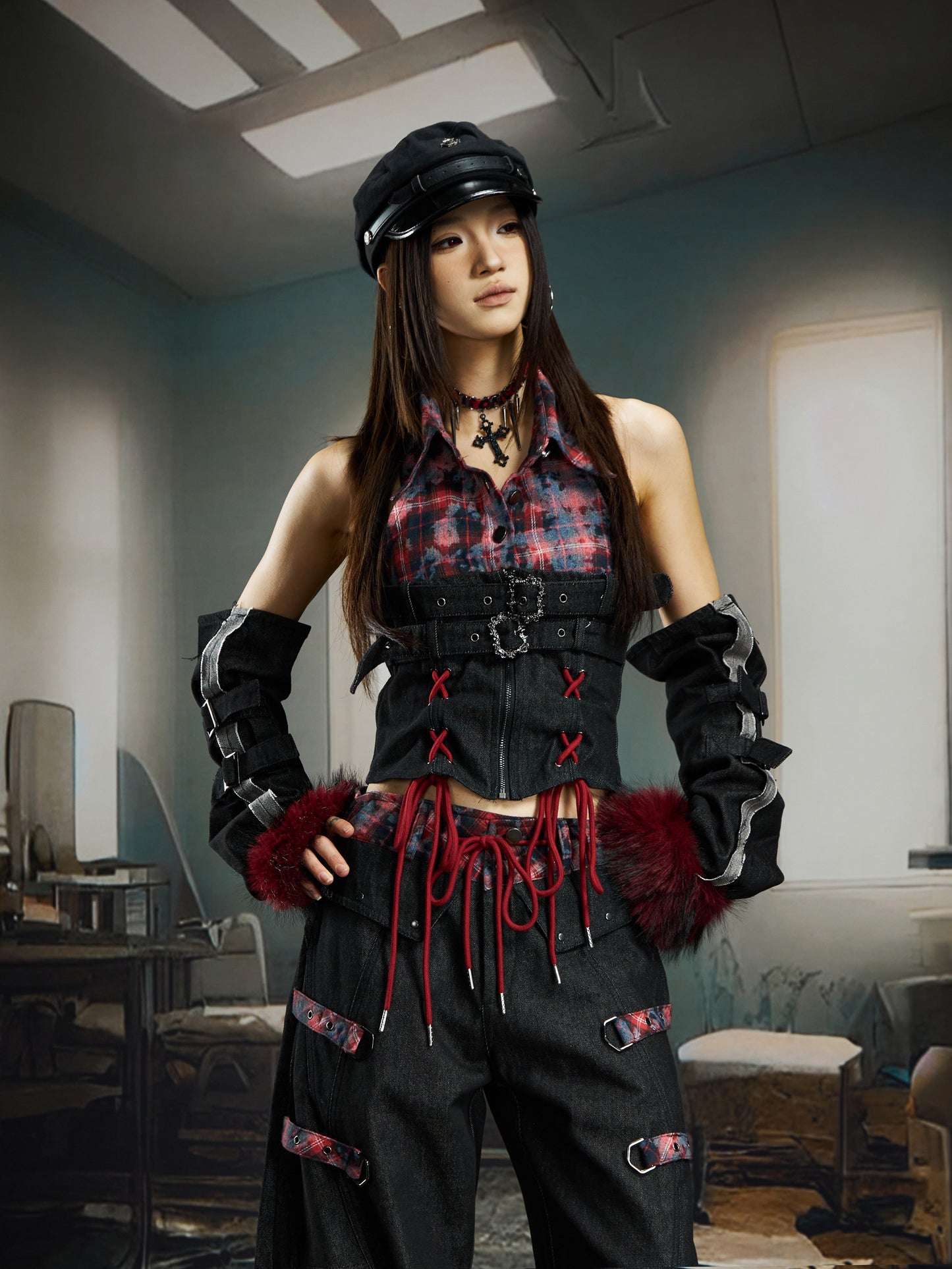 Plaid Patchwork Lace-Up Fake Fur Denim Sleeveless Shirt & Pants Setup WN22730