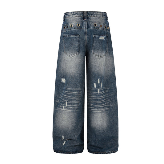 Wash Rivet Damage Wide Leg Denim Jeans WN25573