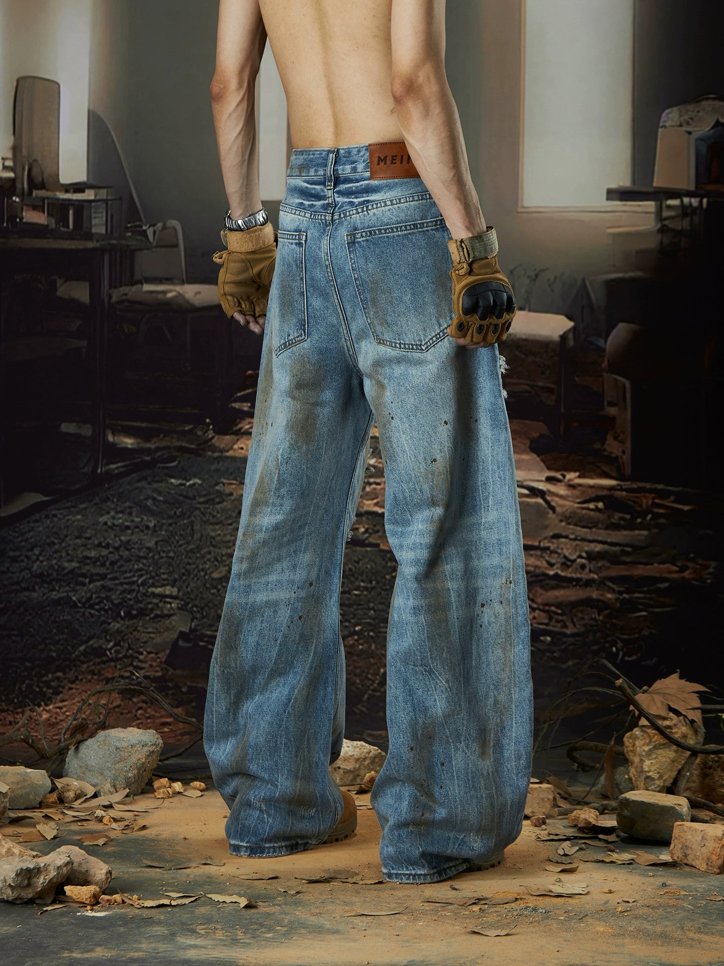 Mud-Dyed Wash Damage Design Wide Leg Denim Jeans WN18427